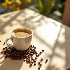 Concept photo of a cup of coffee on light wooden table with space for text