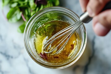 Whisk mixes oil, vinegar, and spices. Perfect for a fresh salad dressing recipe.