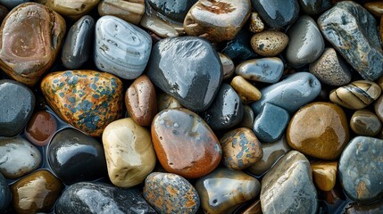 A close-up of smooth, wet rocks of various colors and textures.