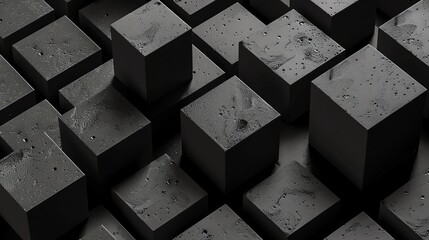 A close up of a geometric pattern of black cubes, the surface of the cubes are textured and slightly wet.
