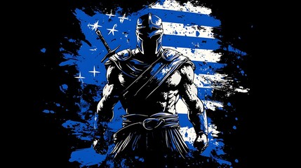 Dramatic Illustration of a Strong Warrior Silhouette Against a Blue and White Background with Vintage Flag Elements in a Painterly Style