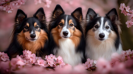 Obraz premium Three Sheltie Dogs Pose Amidst Blooming Cherry Blossoms, a Breathtaking Springtime Scene.