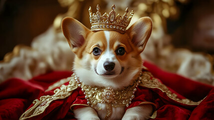 A regal corgi dog majestically wears a golden crown and ornate red robe, embodying royalty.