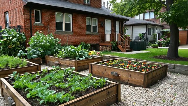 A backyard garden with raised beds planted with various vegetables