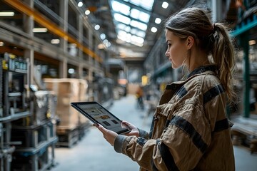 Young woman using a tablet to check inventory in a warehouse