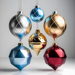 Collection set of five silver, blue, golden and red Chritmas balls hanging with a string, Christmas shiny baubles isolated on transparent background, png file
