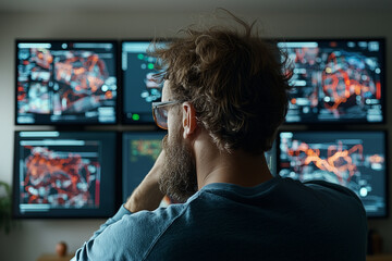 A tech savvy entrepreneur is deeply focused on reviewing market trends displayed on multiple screens. atmosphere is intense and analytical, showcasing modern workspace filled with data visualizations