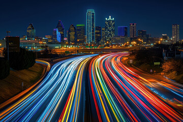 Fototapeta premium Busy city highway with light streaks at night