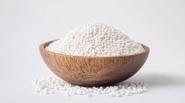 Close-up of white sago pearls in a wooden bowl, showcasing texture and culinary potential. Ideal for food blogs, health websites, or recipe articles.