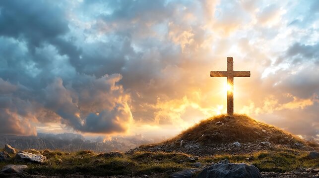 The sky over Golgotha Hill is shrouded in light and clouds, the perfect backdrop to the holy cross symbolizing the death and resurrection of Jesus Christ.