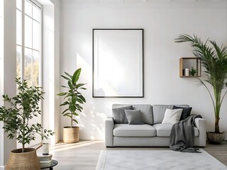 Stylish Living Room Interior with Wall Poster for Mockup Display