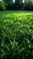 Vivid Green Grass Texture, sunlit surface with soft highlights, rich detail perfect for advertising use, conveying freshness and vitality