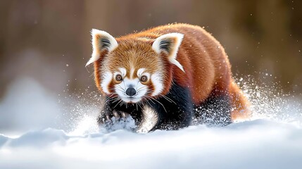 The red panda gracefully navigates through the glistening white snow, its vibrant orange fur standing out against the wintry landscape.