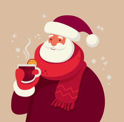Santa Claus cartoon character drinking hot mulled wine.