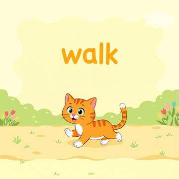 Ginger kitten walking on a path. Educational children's illustration for learning verbs and motion words. Simple digital art in cute storybook style for speech development.