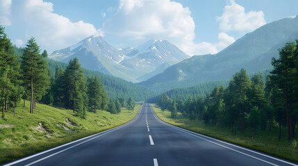 Naklejka premium Asphalt highway road and green forest with mountain natural landscape under blue sky : Generative AI