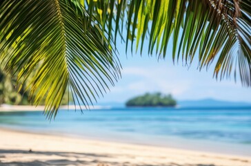 Tropical Island View with Palm Leaves and Sandy Beach