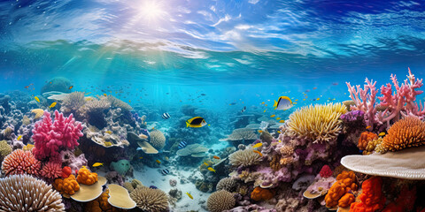 Colored coral reefs and marine life