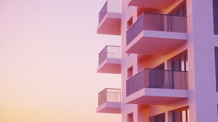 Modern apartment building with balconies against a pastel sunset.