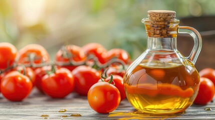 Organic essential tomato. A glass bottle of olive oil beside ripe tomatoes, set against a warm, natural background, highlighting fresh ingredients for cooking.