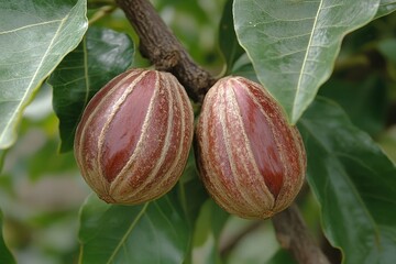 Two ripe fruits hanging from a branch. This photo shows a close-up of the fruits, which have a smooth, reddish-brown skin with distinct ridges.