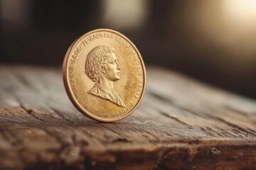 Coin collection display vintage coin wood background illuminated setting macro view historical significance