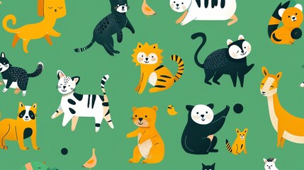 A colorful pattern of various animals on a green background.