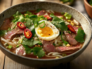 Noodle soup with beef, egg and parsley
