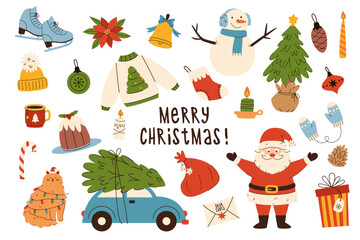Merry Christmas vector illustration set. Elements for Christmas card designs, posters and banners. Winter stickers.