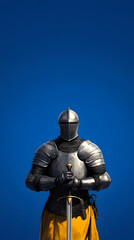 Fototapeta premium A historical knight in ceremonial armor with a sword, posed against a royal blue background. A knight in ceremonial attire.