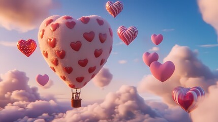 Naklejka premium Valentine's Day heart shaped hot air balloon illustration poster background