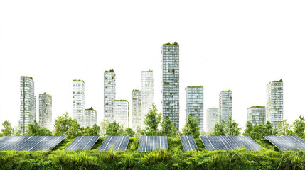 Obraz premium Sustainable urban landscape featuring modern skyscrapers with greenery and solar panels. This eco friendly design promotes harmony between nature and architecture