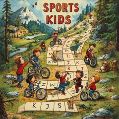Obraz premium Children ride bicycles on a winding path through the forest, following a game board with letters.