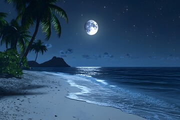 A serene beach scene under a full moon, with gentle waves and palm trees.