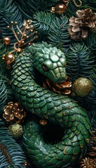 Fototapeta premium Mystical Green Serpent Encircling Holiday Greenery, Christmas Decoration, Festive Close-up, symbol of Chinese New Year
