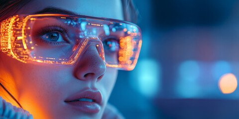 Woman wearing futuristic augmented reality smart tech glasses