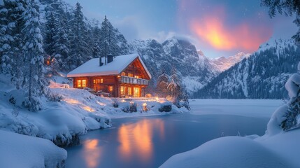 Naklejka premium Experience the charm of a swiss alpine chalet with snow-covered rooftops and warm lights amidst a winter wonderland