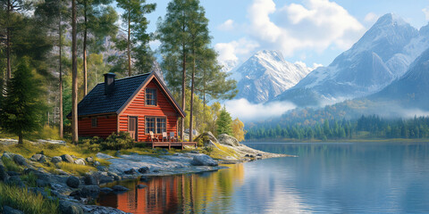 Fototapeta premium Wooden self-sufficient off the grid cottage