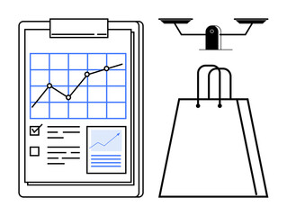 Graph chart on clipboard, balance scale, and shopping bag. Ideal for market trends, business analysis, retail, e-commerce, comparison decision-making strategy. Line metaphor