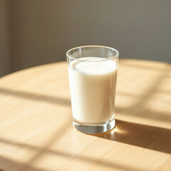 Concept photo of a glass of milk on light wooden table with space for text