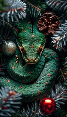 Fototapeta premium Green Viper Entwined Festive Fir, Christmas Decor. Close-Up Exotic Snake. Holiday Season Concept, symbol of Chinese New Year