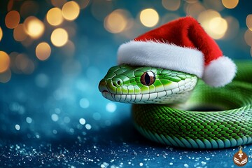 Fototapeta premium green snake in sant claus hat, with copyspace. New Year concept, snake symbol of new 2024, greeting card
