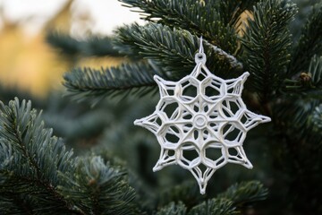 Delicate white snowflake ornament hanging from evergreen branches in a serene winter landscape