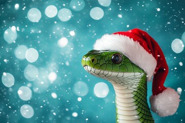 Fototapeta premium green snake in sant claus hat, with copyspace. New Year concept, snake symbol of new 2024, greeting card