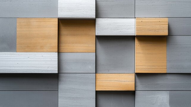 Abstract geometric wall pattern with interlocking gray and yellow concrete blocks creating a three-dimensional textured surface