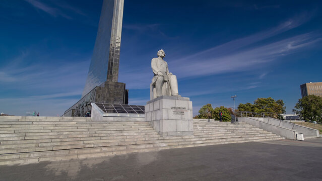 Statue of Konstantin Tsiolkovsky, the precursor of astronautics timelapse hyperlapse in Moscow, Russia