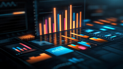 Abstract digital interface with graphs and charts showing financial data.