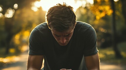 Fototapeta premium Athletic man wearing casual sports clothes, bending over with hands on his knees, looking distressed, with an outdoor park setting under natural sunlight
