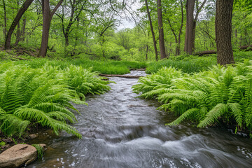 Fototapeta premium Wild ferns growing along the edge of a forest stream