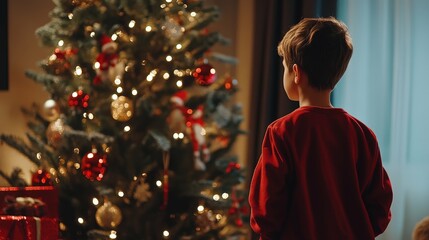 White boy dressed in red pajamas standing next to a beautifully decorated Christmas tree, in a cozy evening setting,